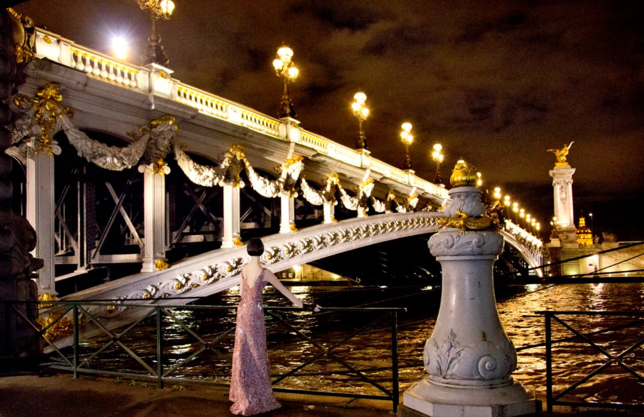 A woman in a long pink lace gown stands by the Seine beneath the Pont Alexandre III in Paris at night, its golden lamps lit.