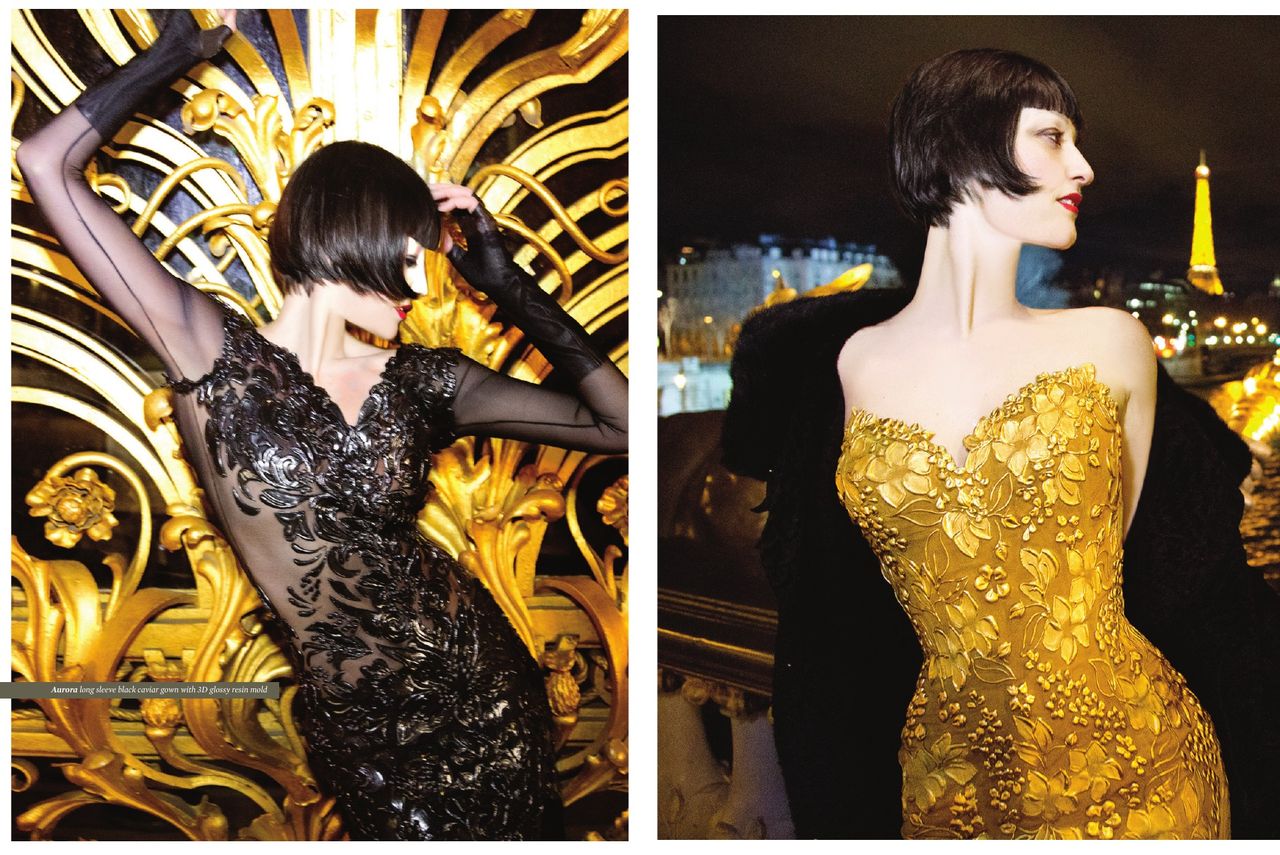 Two pages from the Le CITY USA fashion story in Paris: a black lace gown against the golden gates of the Pont Alexandre III, and a gold gown with the Eiffel Tower lit behind.