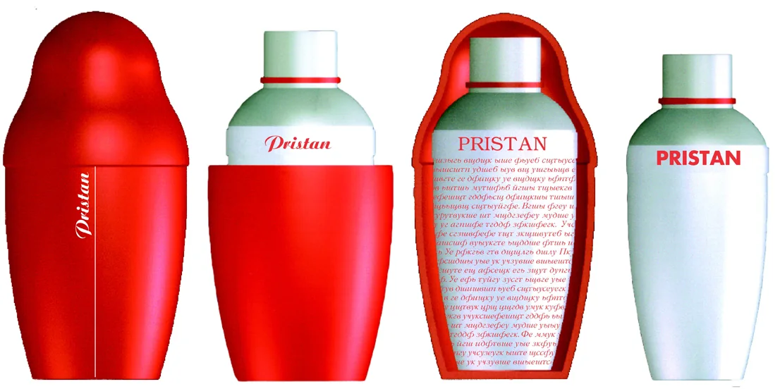 Vier Flaschenentwürfe in Shaker-Form für Vodka Pristan, in Rot, Weiß und Grün.